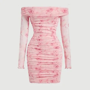 Floral Print Off Shoulder Ruched Mesh Bodycon Dress