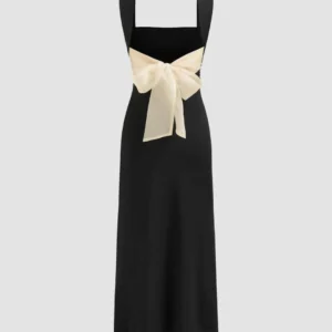 Square Neck Ruched Split Bowknot Maxi Dress