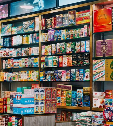 About Bright and colorful display of various Asian products on supermarket shelves.