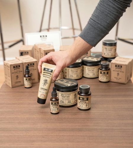 About Close-up of a hand holding natural skincare product amidst various items on a wooden table.